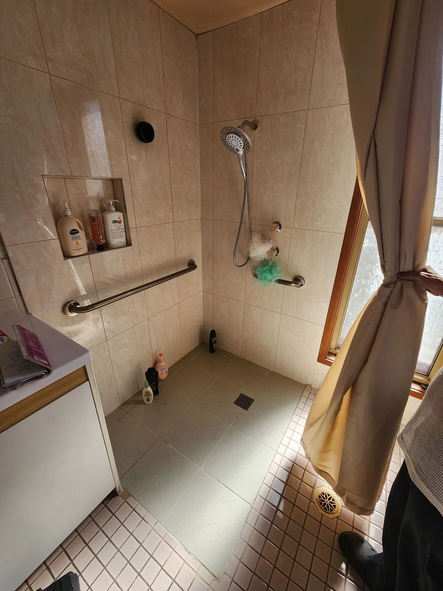 Bathroom before frameless shower screen install in Marayong