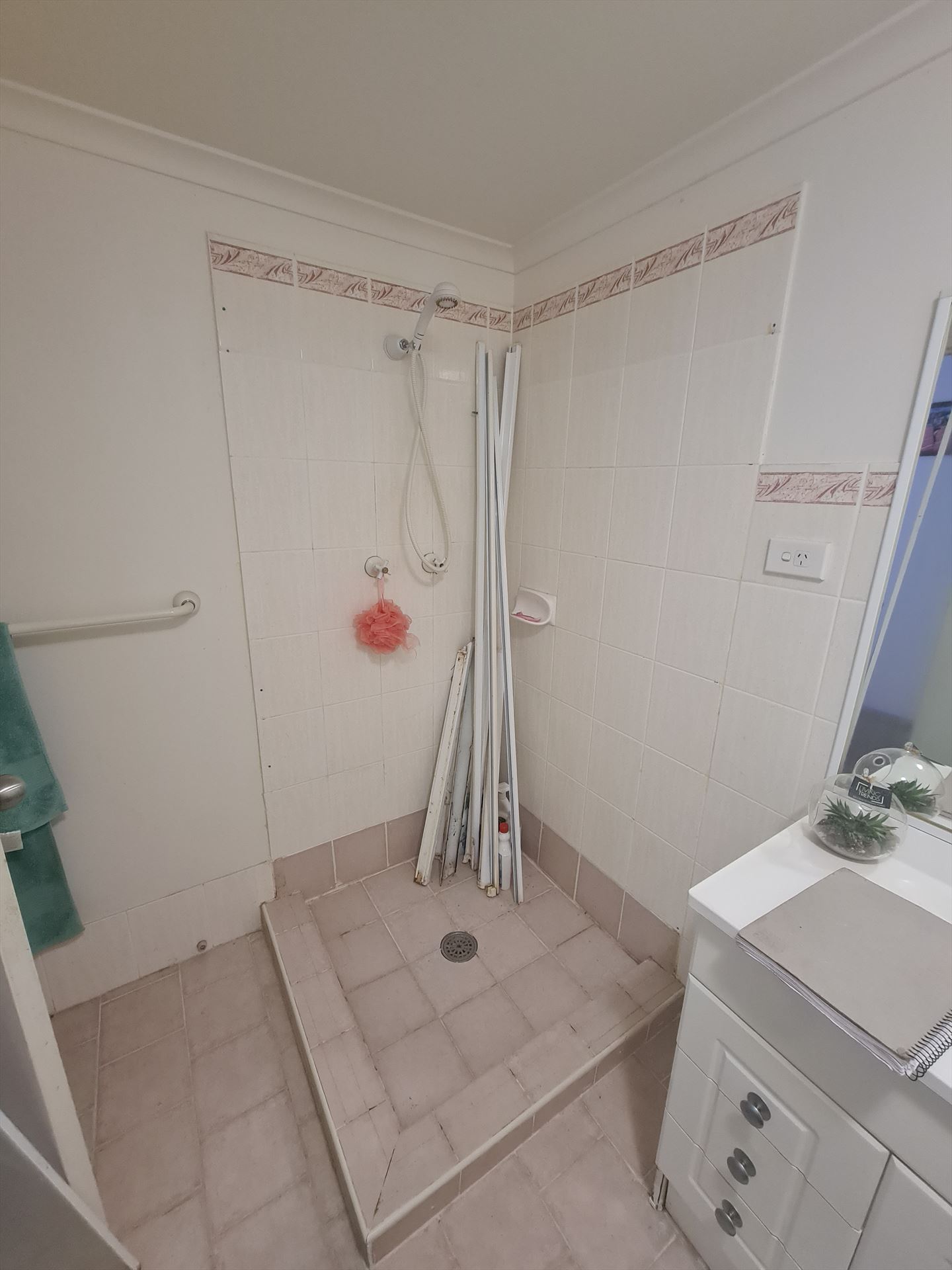 Bathroom before frameless shower screen install in Sutherland