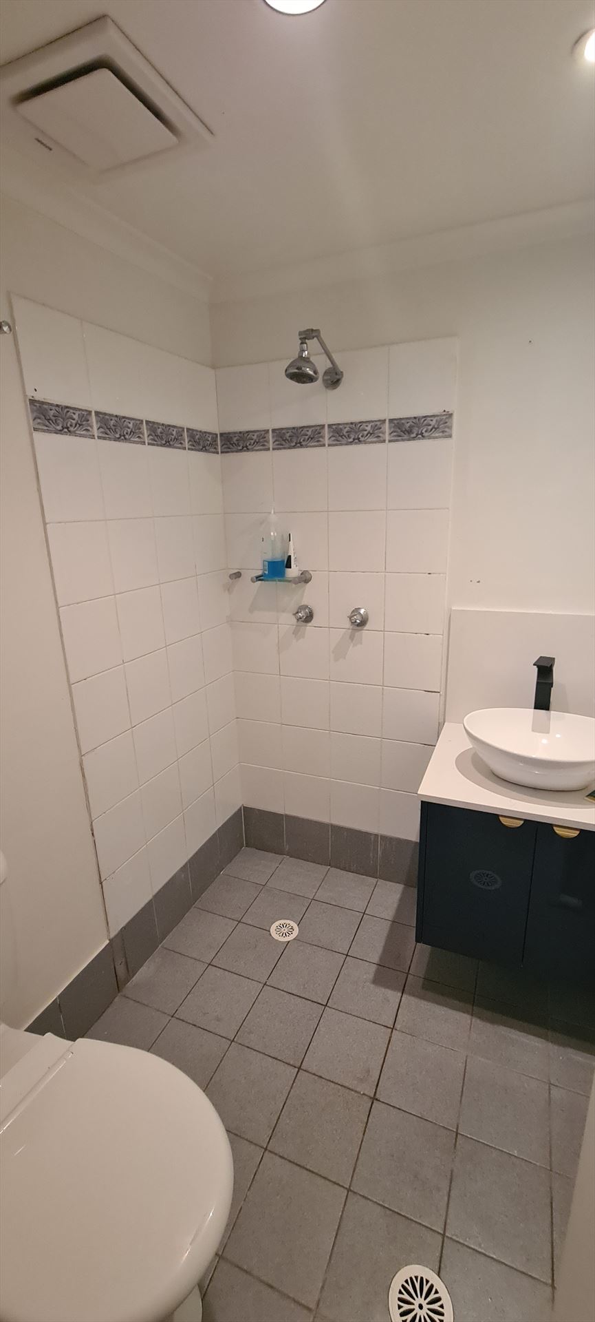 Bathroom before frameless shower screen install in Dulwich Hill