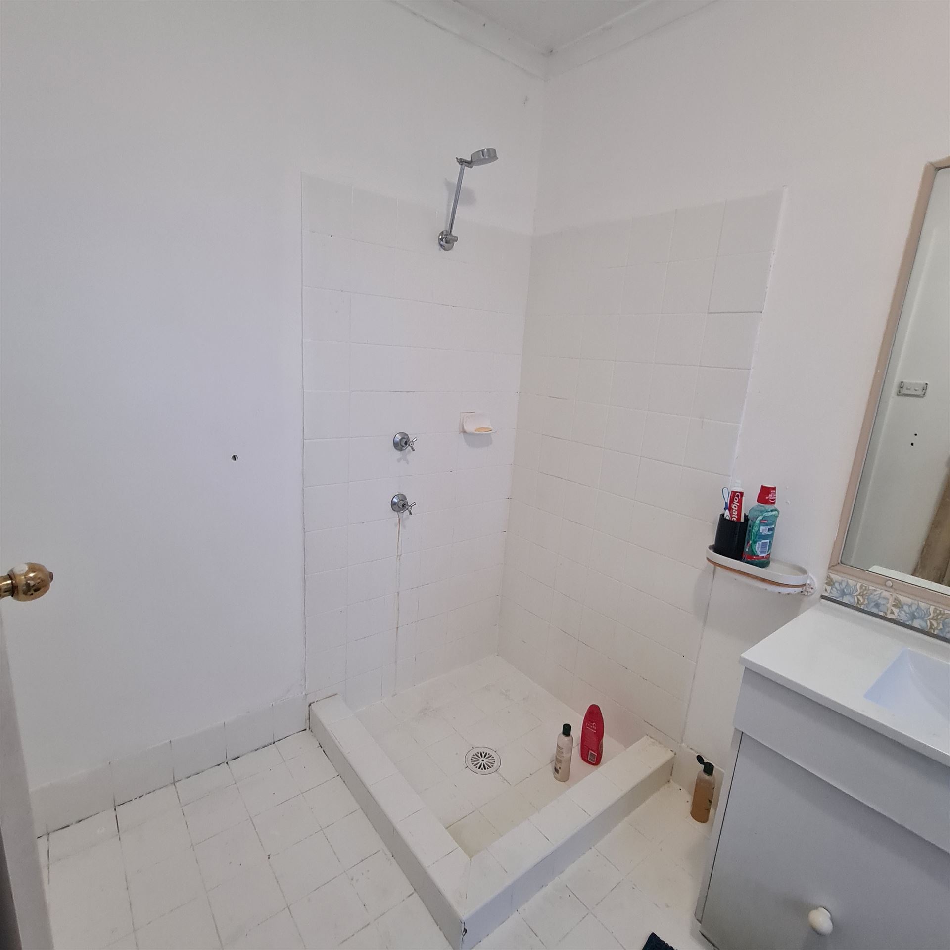 Bathroom before frameless shower screen install in Regents Park