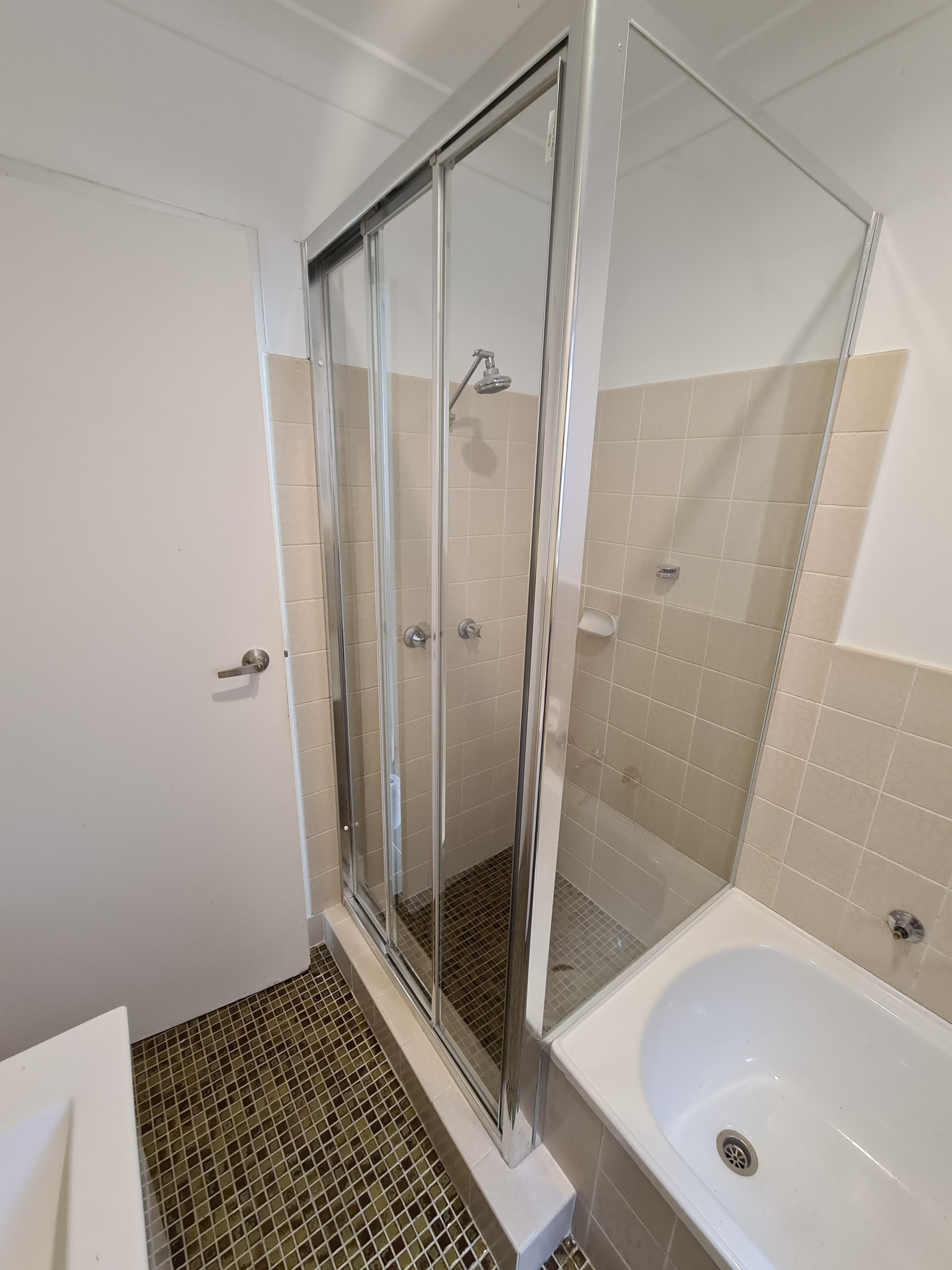 Custom corner over-bath shower screen, chrome sliding, Sydney