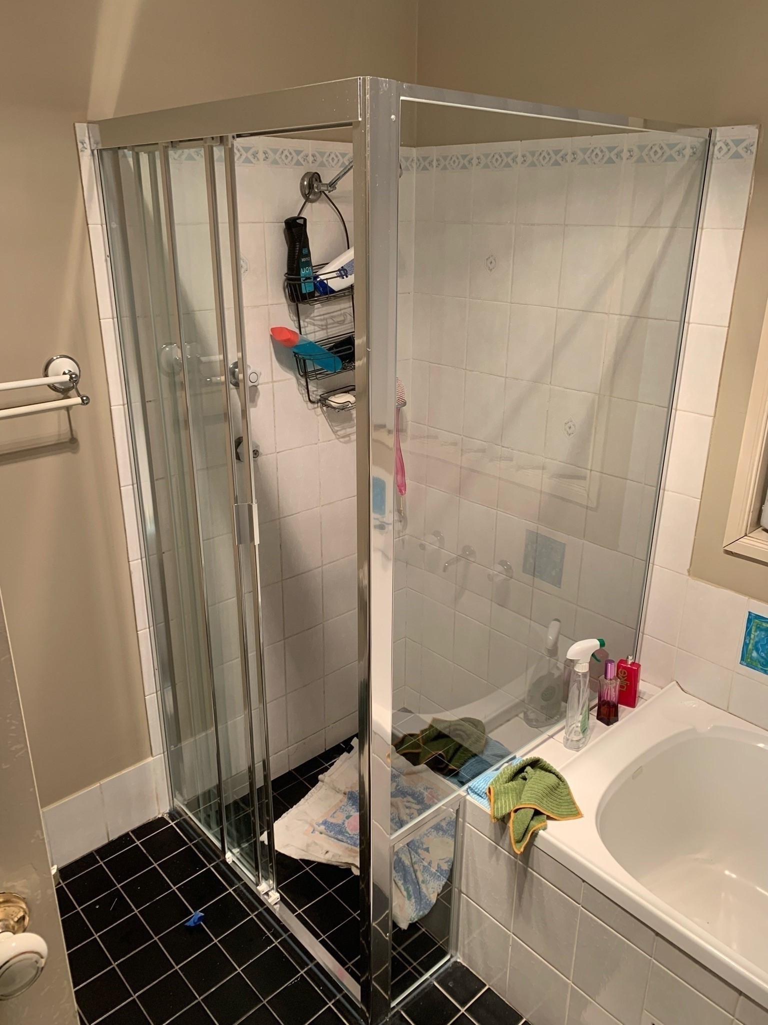 Custom over-bath corner shower screen, chrome sliding door, Sydney