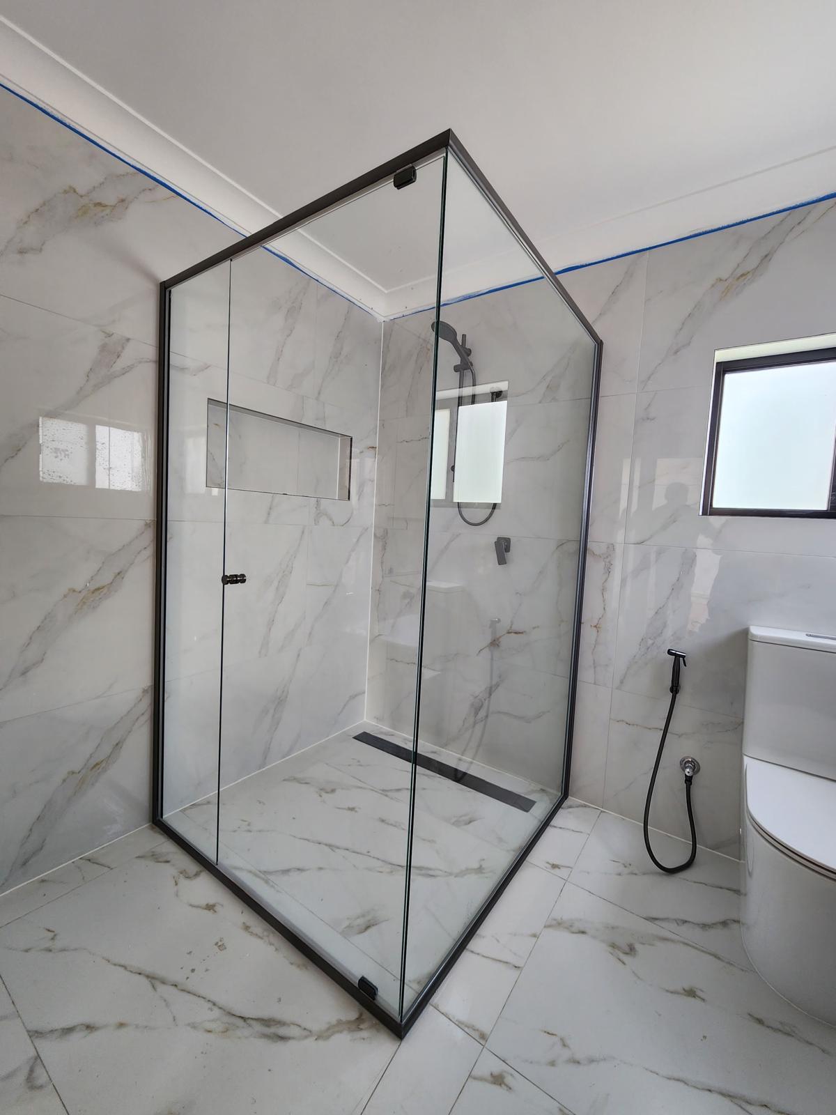 Custom shower screen with gun metal hardware, Sydney